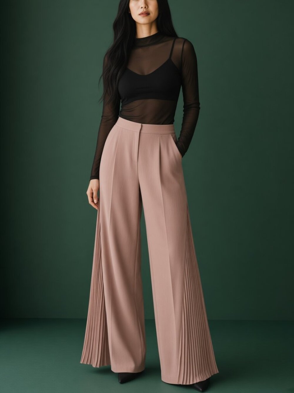 CQ by CQ Pink Flared Wide Leg Pants Sheer Pleated Flare Bell Bottom Shades New S